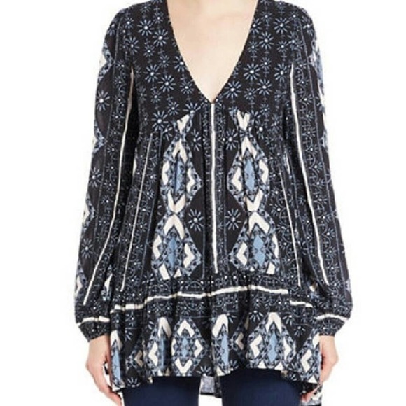 Free People Tunic Top Women's M Voile By The Bay Boho Puff Sleeve Gypsy Black - Picture 1 of 8
